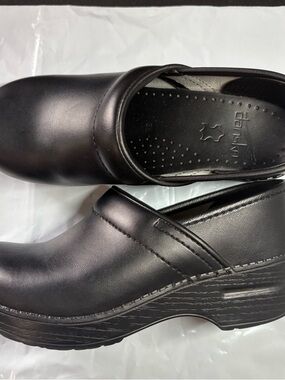 Dansko Black Leather Clog Mules with Low Platform